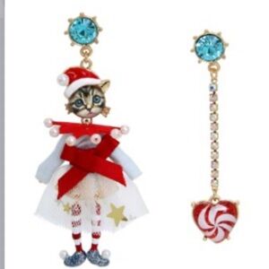 Betsey johnson Faux Stone Jingle Bell Bling Christmas Cat Mismatch Earrings